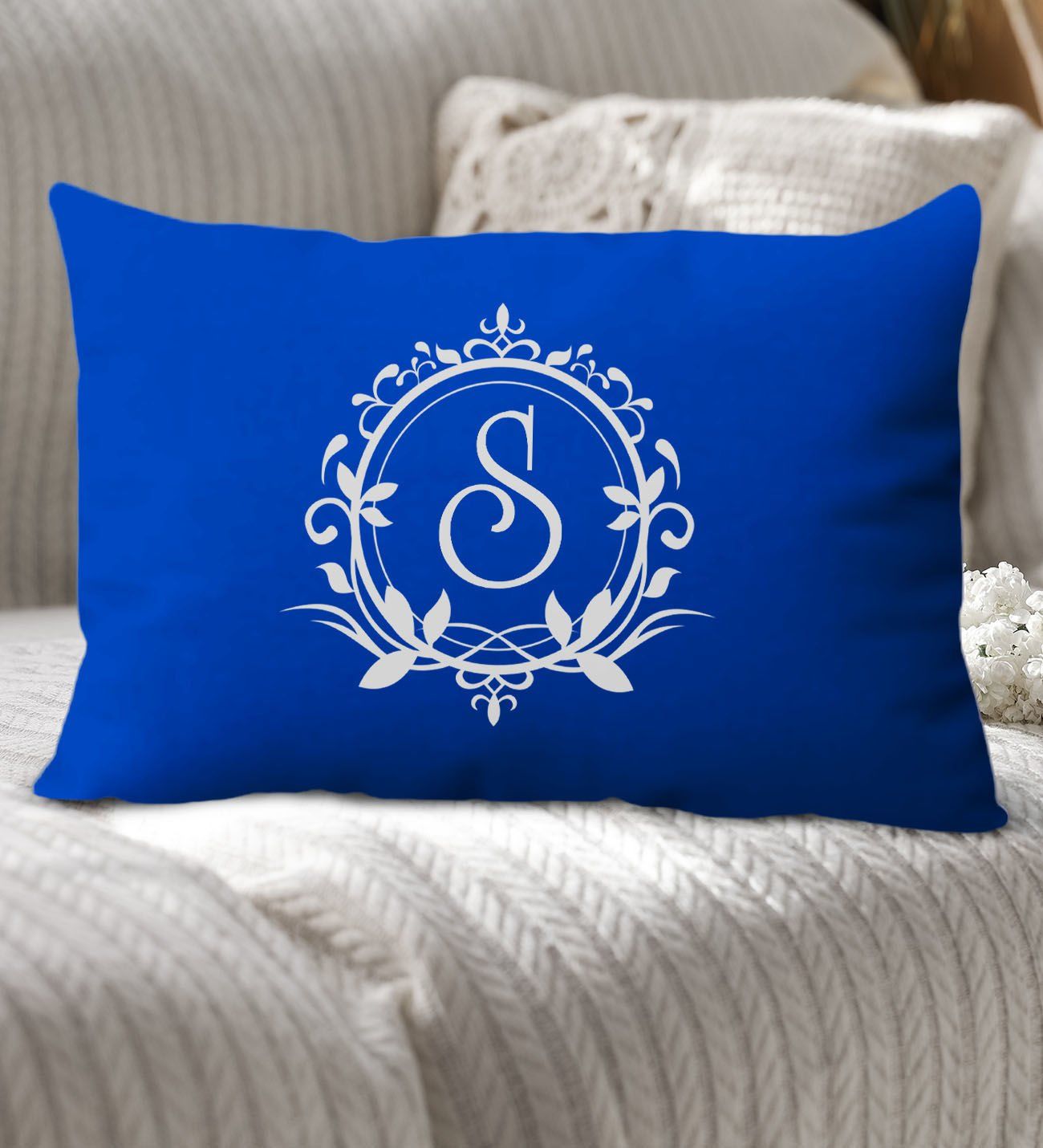 BK Gift Kişiye Özel Harfli Premium Kumaş Saks Mavi Dikdörtgen Yastık Kılıfı-3 (SADECE YASTIK KILIFI), Ev Dekorasyonu