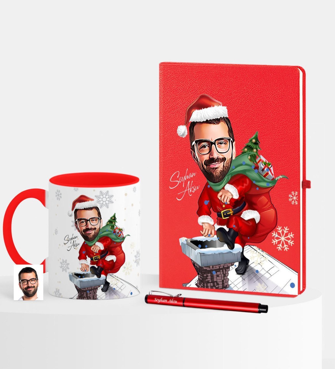 Kişiye Özel Yılbaşı Temalı Bay Karikatürlü Kırmızı Defter Kalem Kupa Seti - 3