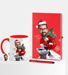 Kişiye Özel Yılbaşı Temalı Bay Karikatürlü Kırmızı Defter Kalem Kupa Seti - 3