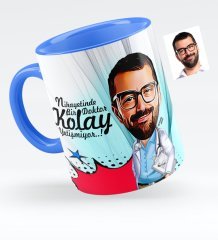 Kişiye Özel Bay Doktor Karikatürlü Mavi Kupa Bardak - 5