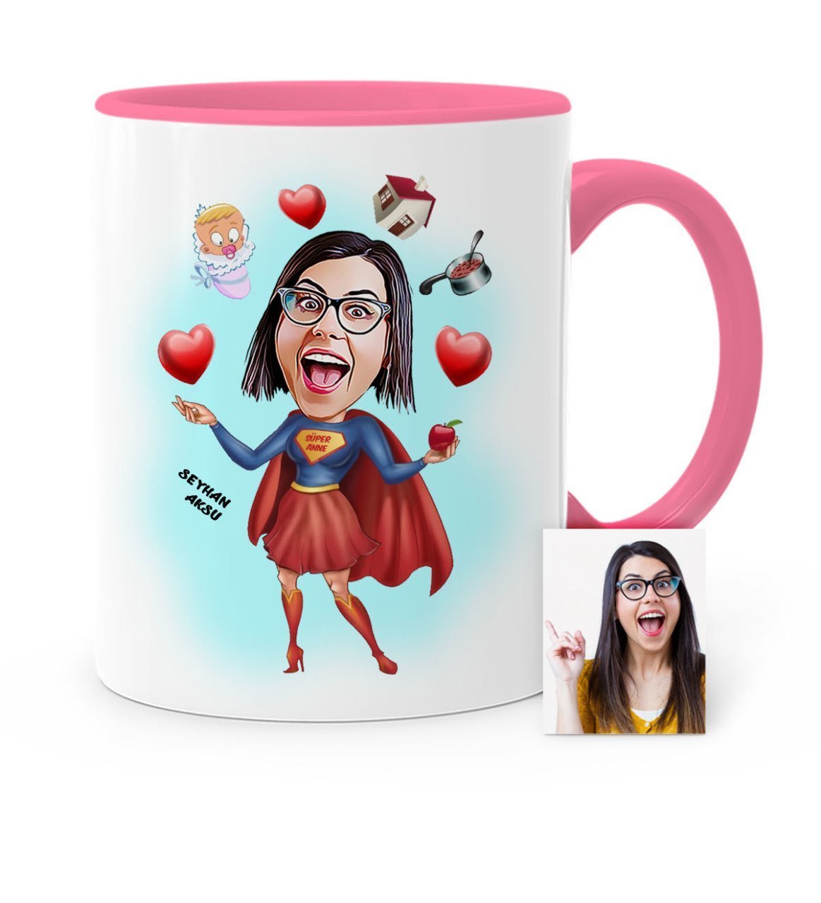 Kişiye Özel Süper Anne Karikatür Pembe Kupa Bardak