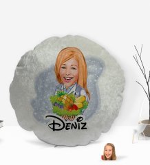 Kişiye Özel İsimli Kadın Diyetisyen Karikatürlü Yuvarlak Dekoratif Kırlent Yastık-1