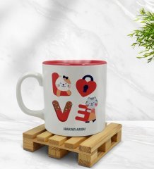 Kişiye Özel Love Tasarımlı İçi Kırmızı Renkli Kupa Bardak Model 1