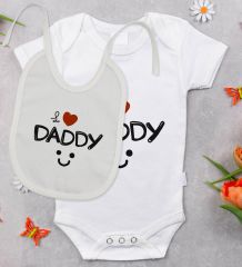 BK Kids I Love Daddy Tasarımlı Bebek Body Zıbın ve Mama Önlüğü Hediye Seti - Model 1