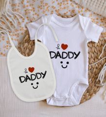 BK Kids I Love Daddy Tasarımlı Bebek Body Zıbın ve Mama Önlüğü Hediye Seti - Model 1