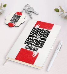Kişiye Özel Dünyanın En İyi Öğretmeni Beyaz Defter Kalem Ve Anahtarlık Hediye Seti-1