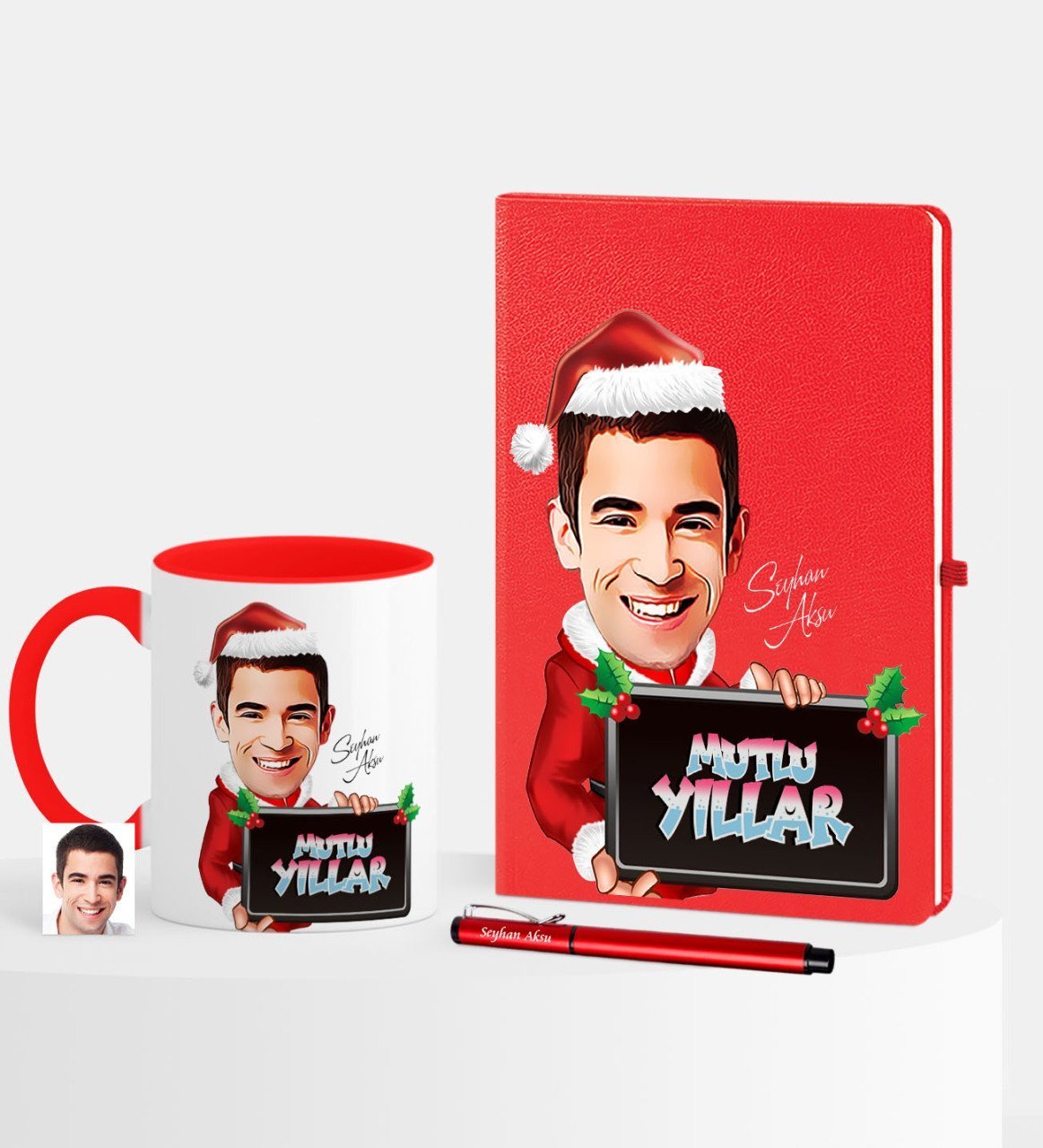 Kişiye Özel Yılbaşı Temalı Bay Karikatürlü Kırmızı Defter Kalem Kupa Seti - 2