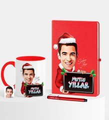 Kişiye Özel Yılbaşı Temalı Bay Karikatürlü Kırmızı Defter Kalem Kupa Seti - 2