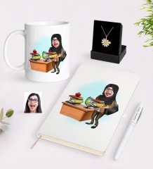 Kişiye Özel Bayan Öğretmen Karikatürlü Beyaz Kupa Defter Kalem ve İsimli Papatya Kolye Hediye Seti-8