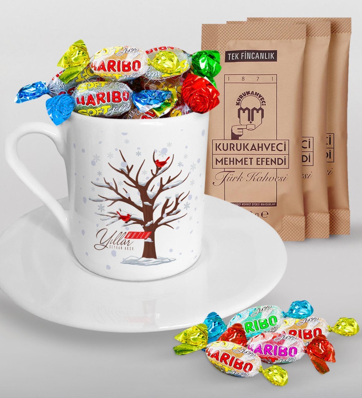 Kişiye Özel Yılbaşı Mutlu Yıllar Türk Kahvesi Fincanı Mehmet Efendi Kahve ve Haribo Şeker Hediye Seti-25