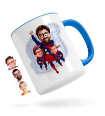 Kişiye Özel Süper Baba ve 2 Çocuk Karikatürlü Mavi Kupa Bardak