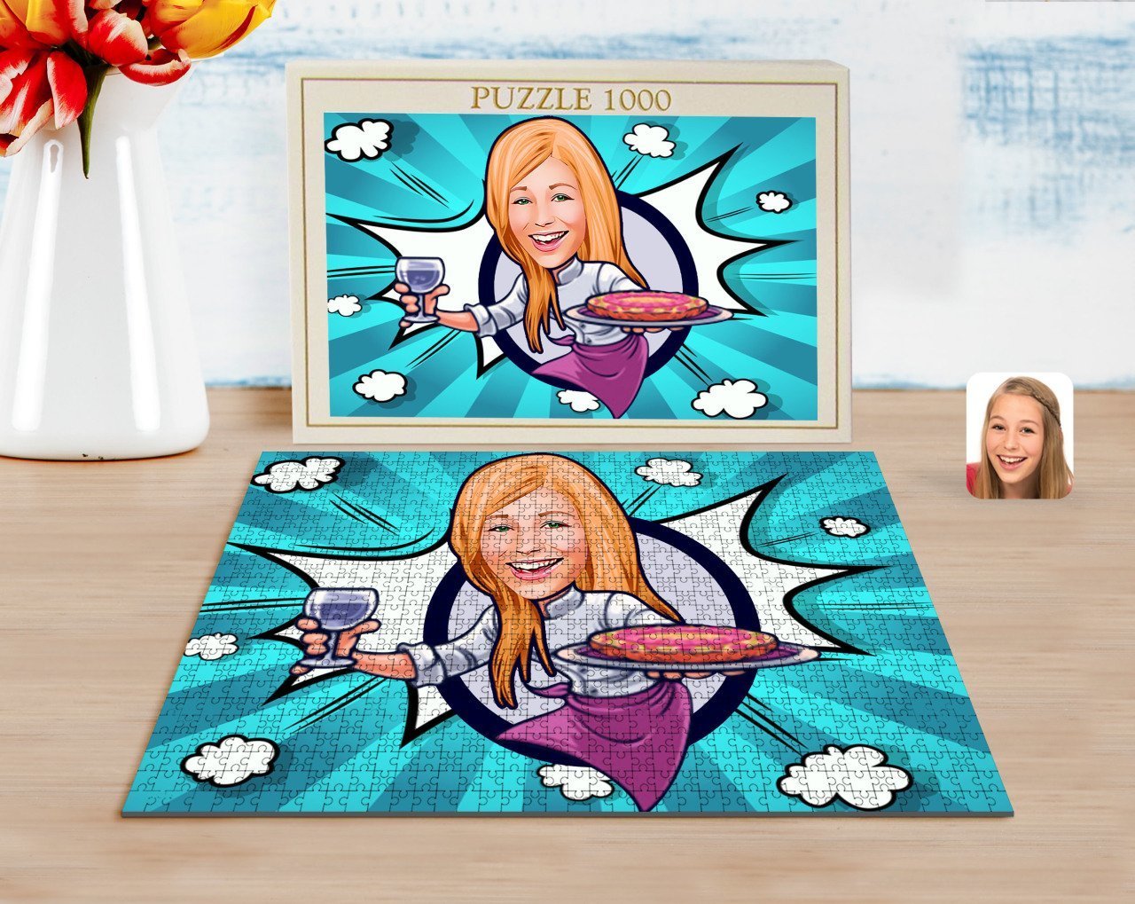 Kişiye Özel Kadın Garson Karikatürlü 1000 Parça Profesyonel Puzzle-1