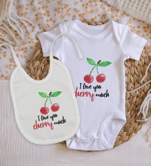 BK Kids I Love Cherry Much Tasarımlı Bebek Body Zıbın ve Mama Önlüğü Hediye Seti - Model 1