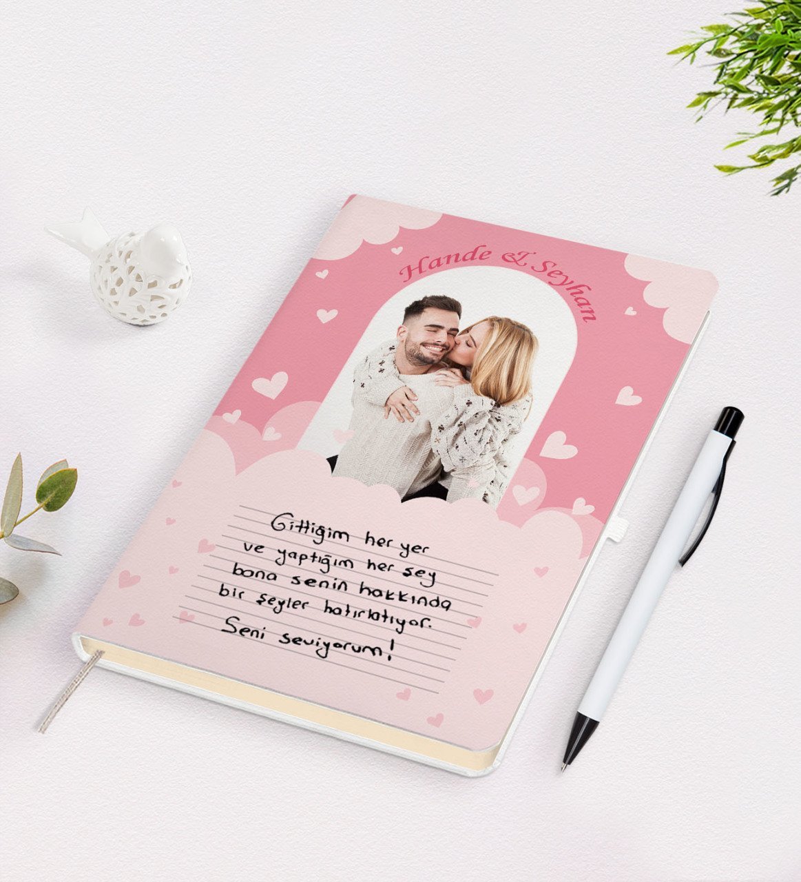 Kişiye Özel Kendi El Yazın Mesajlı Fotoğraflı Beyaz Defter ve Kalem Hediye Seti-2