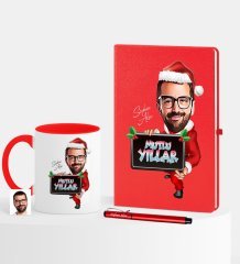 Kişiye Özel Yılbaşı Temalı Bay Karikatürlü Kırmızı Defter Kalem Kupa Seti - 1