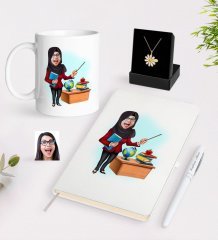 Kişiye Özel Bayan Öğretmen Karikatürlü Beyaz Kupa Defter Kalem ve İsimli Papatya Kolye Hediye Seti-7