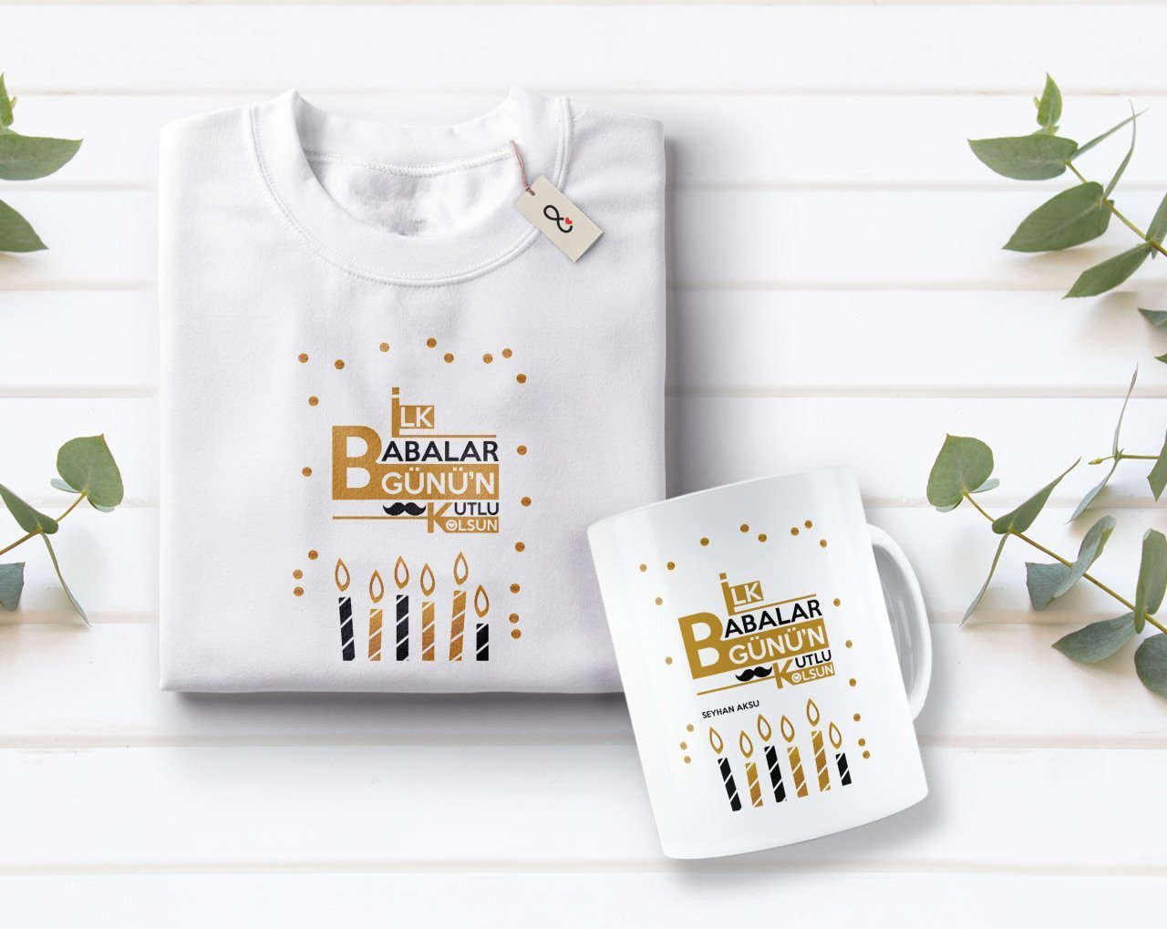 Kişiye Özel İlk Babalar Günü Tasarımlı Beyaz Tişört ve Kupa Seti-5