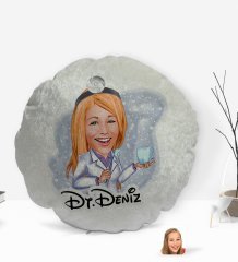 Kişiye Özel İsimli Kadın Diş Hekimi Karikatürlü Yuvarlak Dekoratif Kırlent Yastık-1