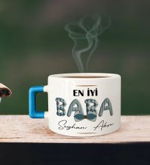 BK Gift Kişiye Özel Babalar Günü Tasarımlı Mavi Kulplu Çay & Kahve Fincanı-11, Babaya Hediye, Babalar Günü Hediyesi