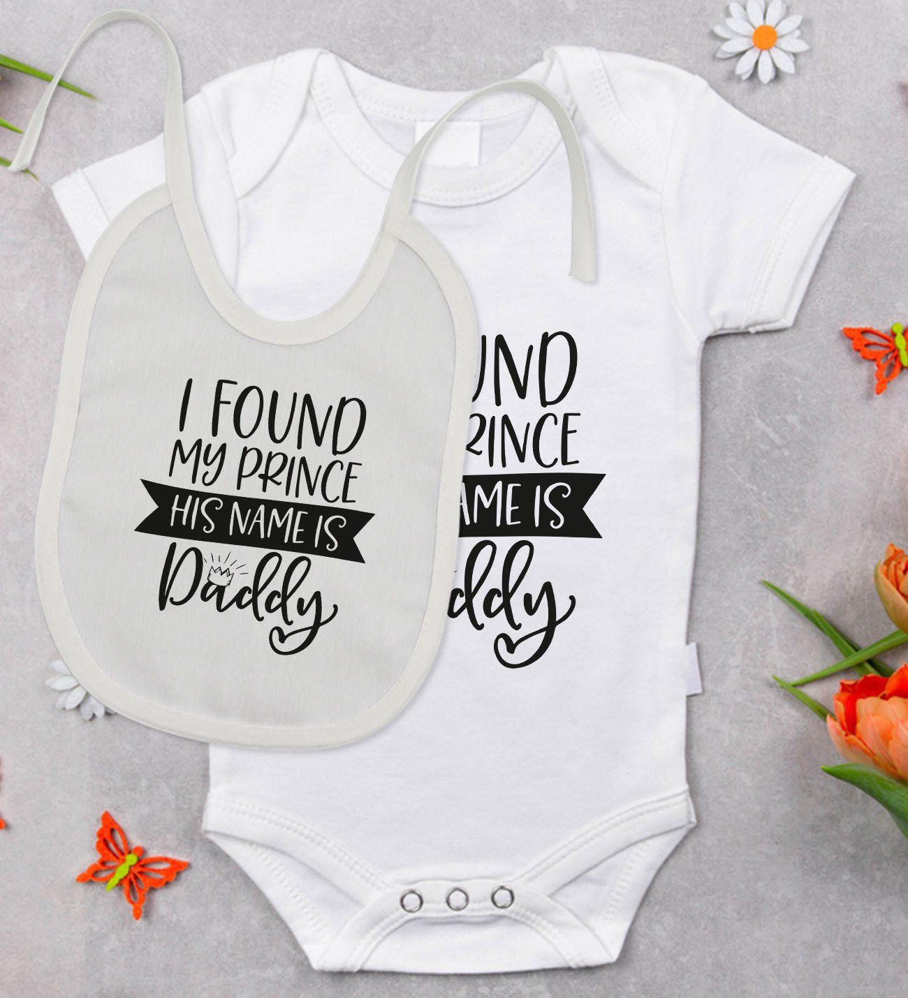 BK Kids His Name Is Daddy Tasarımlı Bebek Body Zıbın ve Mama Önlüğü Hediye Seti - Model 1