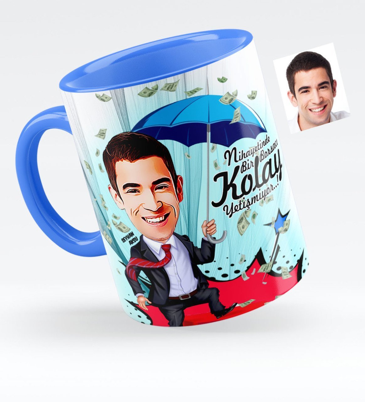 Kişiye Özel Bay Borsacı Karikatürlü Mavi Kupa Bardak - 1