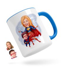 Kişiye Özel Süper Anne ve Çocuk Karikatürlü Mavi Kupa Bardak