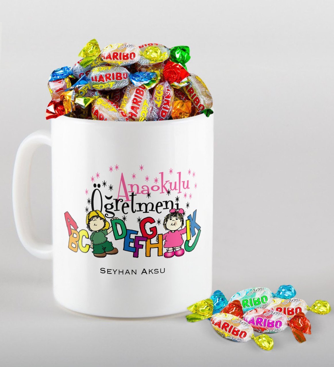 Kişiye Özel Anaokulu Öğretmeni Kupa ve Haribo Şeker Hediye Seti-4