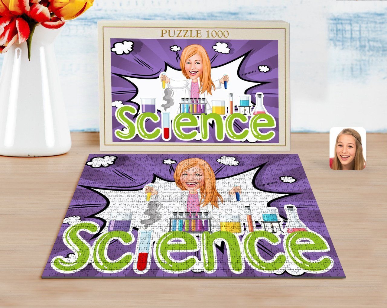 Kişiye Özel Kadın Fen Bilimleri Öğretmeni Karikatürlü 1000 Parça Profesyonel Puzzle-1