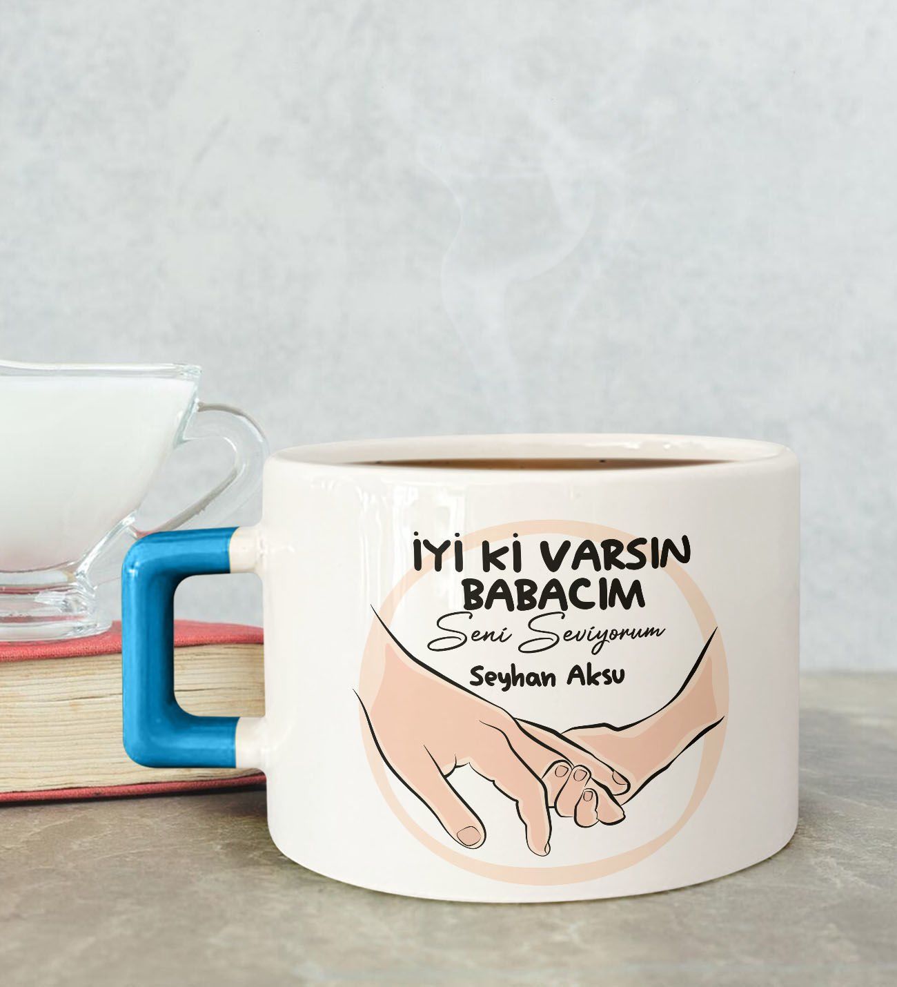 BK Gift Kişiye Özel Babalar Günü Tasarımlı Mavi Kulplu Çay & Kahve Fincanı-10, Babaya Hediye, Babalar Günü Hediyesi