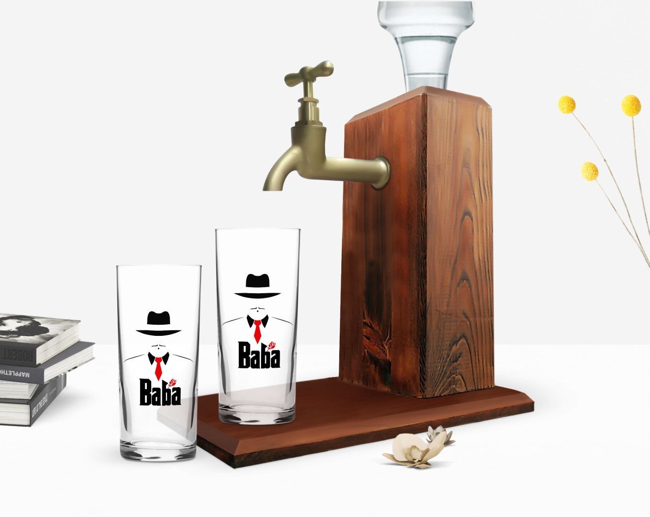 BK Home Renkli Baskılı Godfather Baba Tasarımlı İkili Rakı Bardağı ve Ahşap Rakı Standı Hediye Seti-17