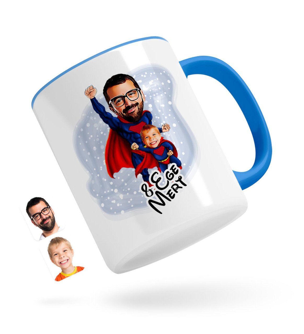Kişiye Özel Süper Baba-Çocuk Karikatürlü Mavi Kupa Bardak