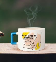 BK Gift Kişiye Özel Babalar Günü Tasarımlı Mavi Kulplu Çay & Kahve Fincanı-9, Babaya Hediye, Babalar Günü Hediyesi