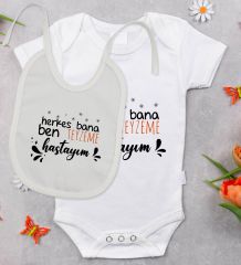 BK Kids Herkes Bana Ben Teyzeme Hastayım Tasarımlı Bebek Body Zıbın ve Mama Önlüğü Hediye Seti - Model 1