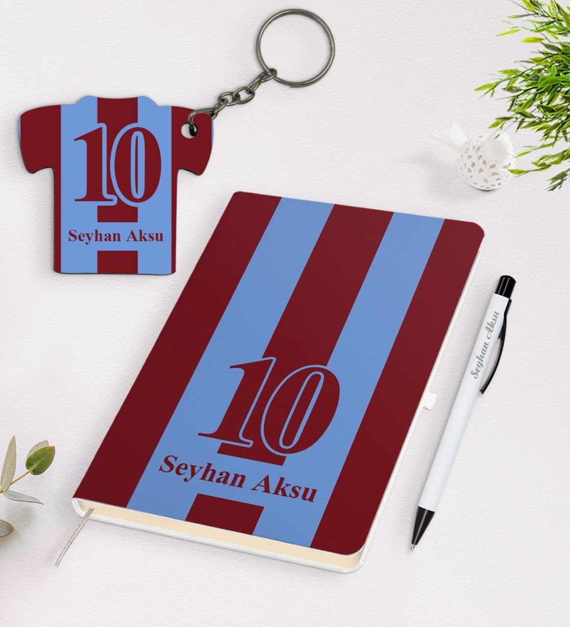 Kişiye Özel Bordo-Mavi Tasarımlı Defter Kalem ve Formalı Ahşap Anahtarlık Seti