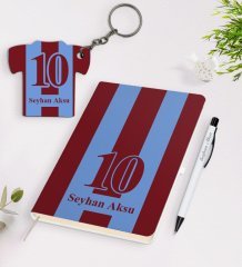 Kişiye Özel Bordo-Mavi Tasarımlı Defter Kalem ve Formalı Ahşap Anahtarlık Seti
