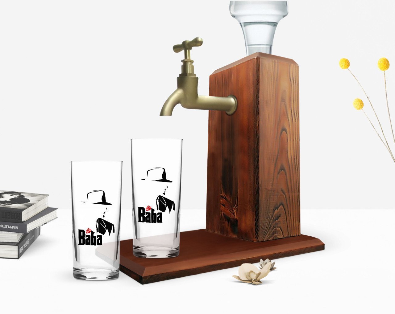 BK Home Renkli Baskılı Godfather Baba Tasarımlı İkili Rakı Bardağı ve Ahşap Rakı Standı Hediye Seti-16