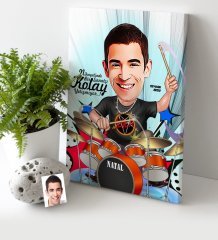 Kişiye Özel Bay Baterist Karikatür Kanvas Tablo (30 x 50 cm.) 1