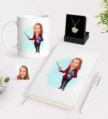 Kişiye Özel Bayan Öğretmen Karikatürlü Beyaz Kupa Defter Kalem ve İsimli Papatya Kolye Hediye Seti-3