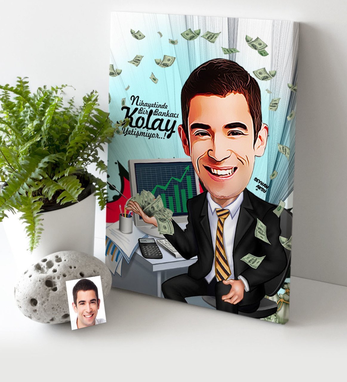 Kişiye Özel Bay Bankacı Karikatür Kanvas Tablo (30 x 50 cm.) 1