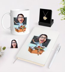 Kişiye Özel Bayan Öğretmen Karikatürlü Beyaz Kupa Defter Kalem ve İsimli Papatya Kolye Hediye Seti-2