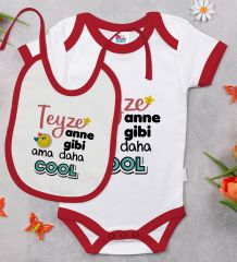 BK Kids Teyze Anne Gibi Tasarımlı Kırmızı Bebek Body Zıbın ve Mama Önlüğü Hediye Seti-1