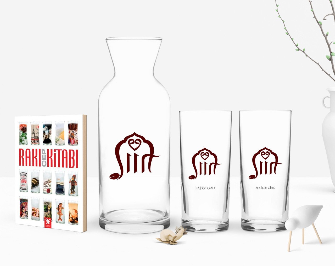 Kişiye Özel Renkli Baskılı Siirt Tasarımlı Turistik İkili Rakı Bardağı Karaf ve Cep Kitabı Hediye Seti-1