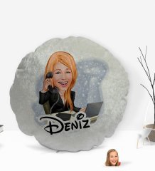 Kişiye Özel İsimli Kadın Asistan Karikatürlü Yuvarlak Dekoratif Kırlent Yastık-1