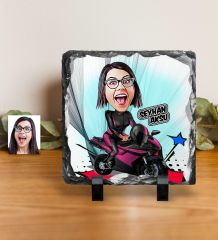 Kişiye Özel Bayan Motorcu Karikatürlü Dekoratif Doğal Taş