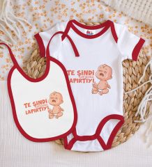 BK Kids Te Şindi Koparacam Tasarımlı Kırmızı Bebek Body Zıbın ve Mama Önlüğü Hediye Seti-1