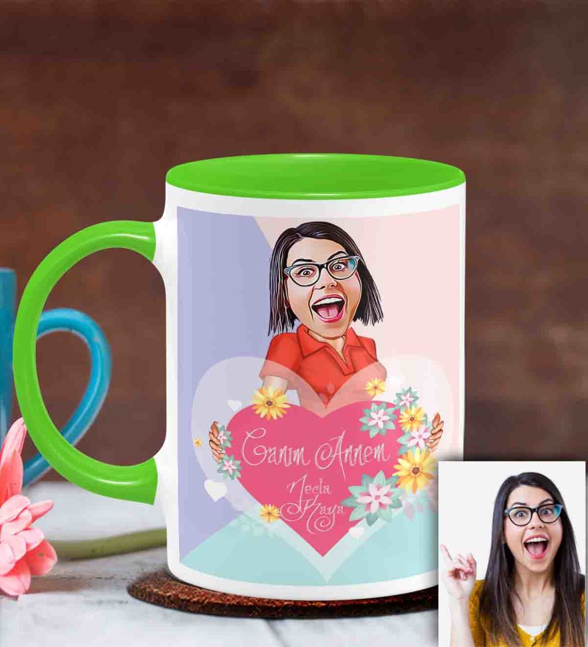 Kişiye Özel Anneler Günü Temalı Karikatürlü Yeşil Kupa Bardak Y8