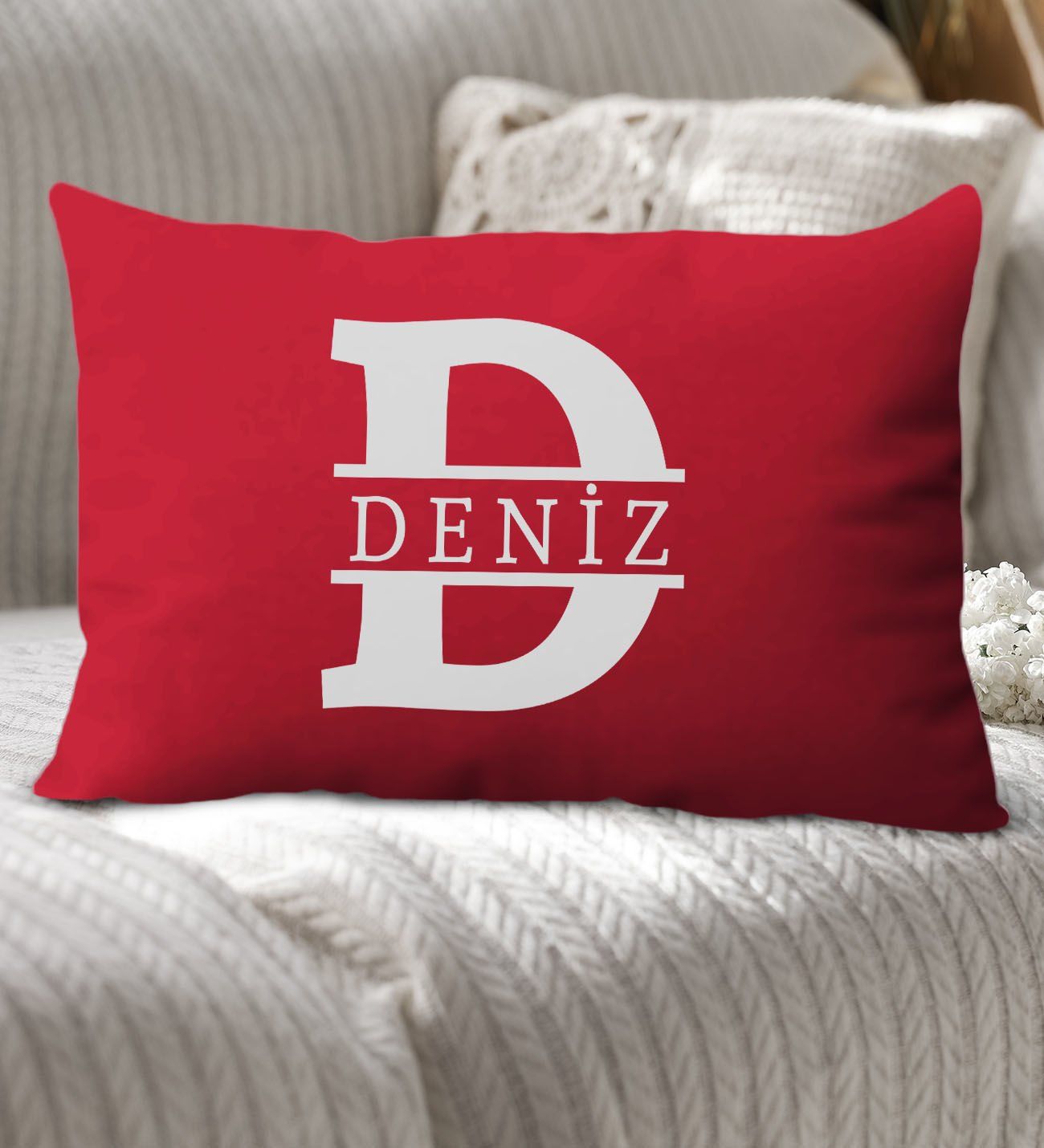 BK Gift Kişiye Özel Harfli Premium Kumaş Kırmızı Dikdörtgen Yastık Kılıfı-1 (SADECE YASTIK KILIFI), Ev Dekorasyonu
