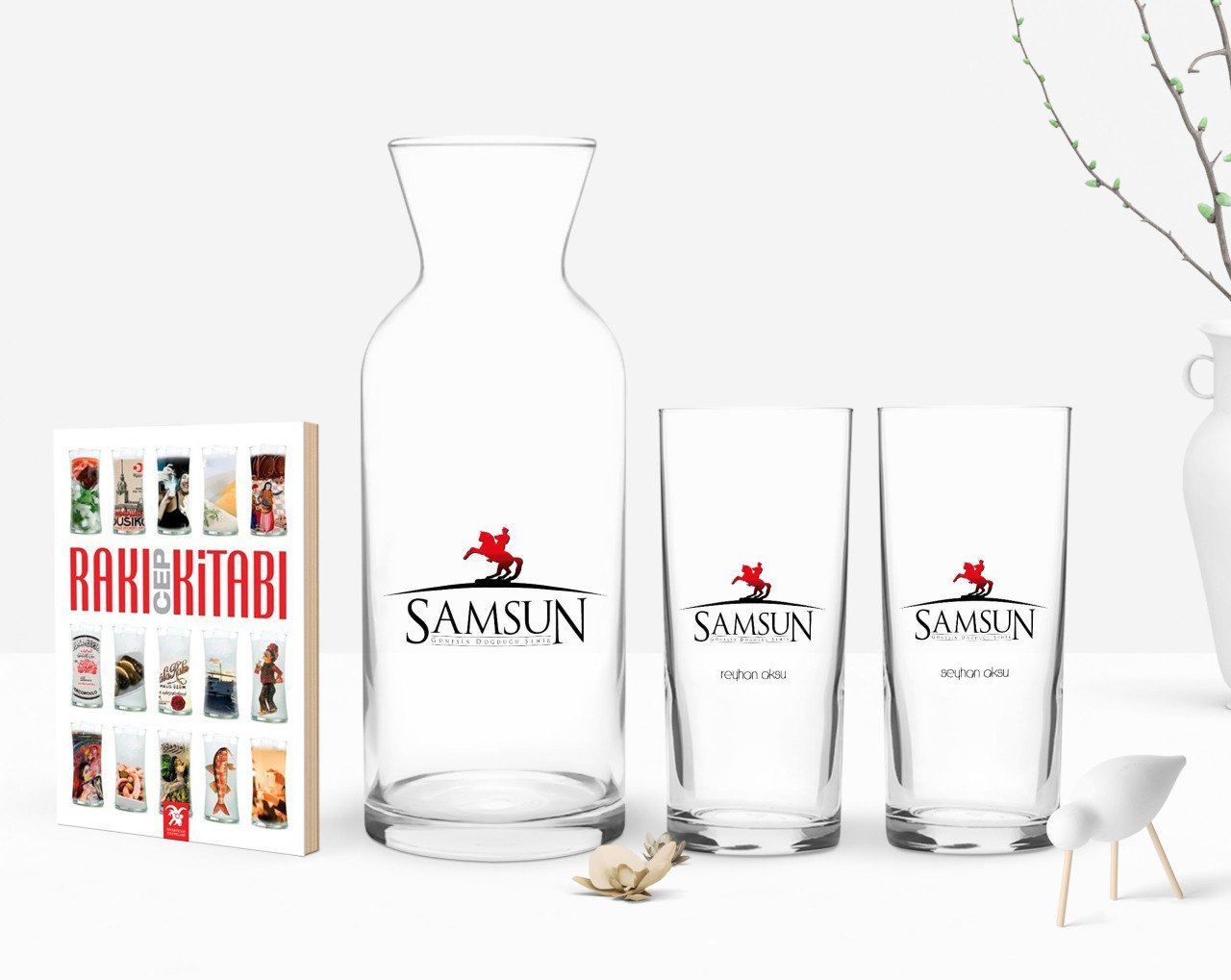 Kişiye Özel Renkli Baskılı Samsun Tasarımlı Turistik İkili Rakı Bardağı Karaf ve Cep Kitabı Hediye Seti-1
