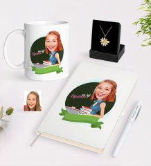 Kişiye Özel Bayan En İyi Öğretmen Karikatürlü Beyaz Kupa Defter Kalem ve İsimli Papatya Kolye Hediye Seti-1