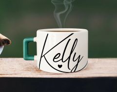 BK Gift Kişiye Özel İsimli Yeşil Kulplu Çay & Kahve Fincanı-25, Arkadaşa Hediye, Sevgiliye Hediye